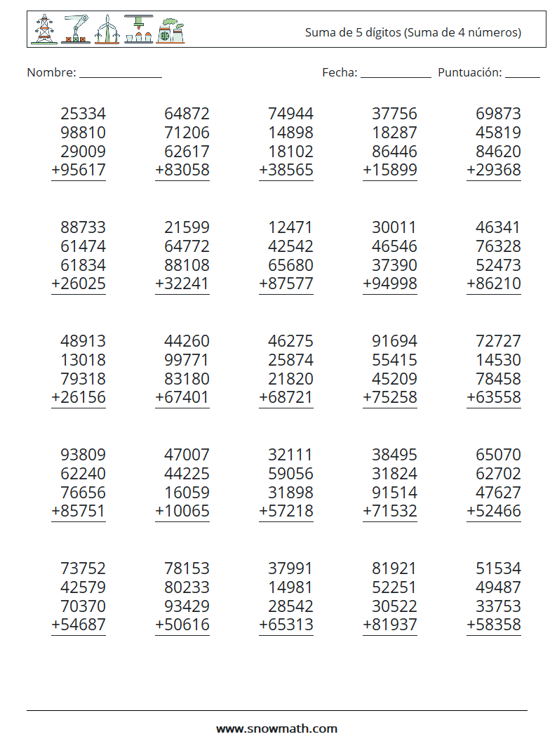 (25) Suma de 5 dígitos (Suma de 4 números) Hojas de trabajo de matemáticas 7