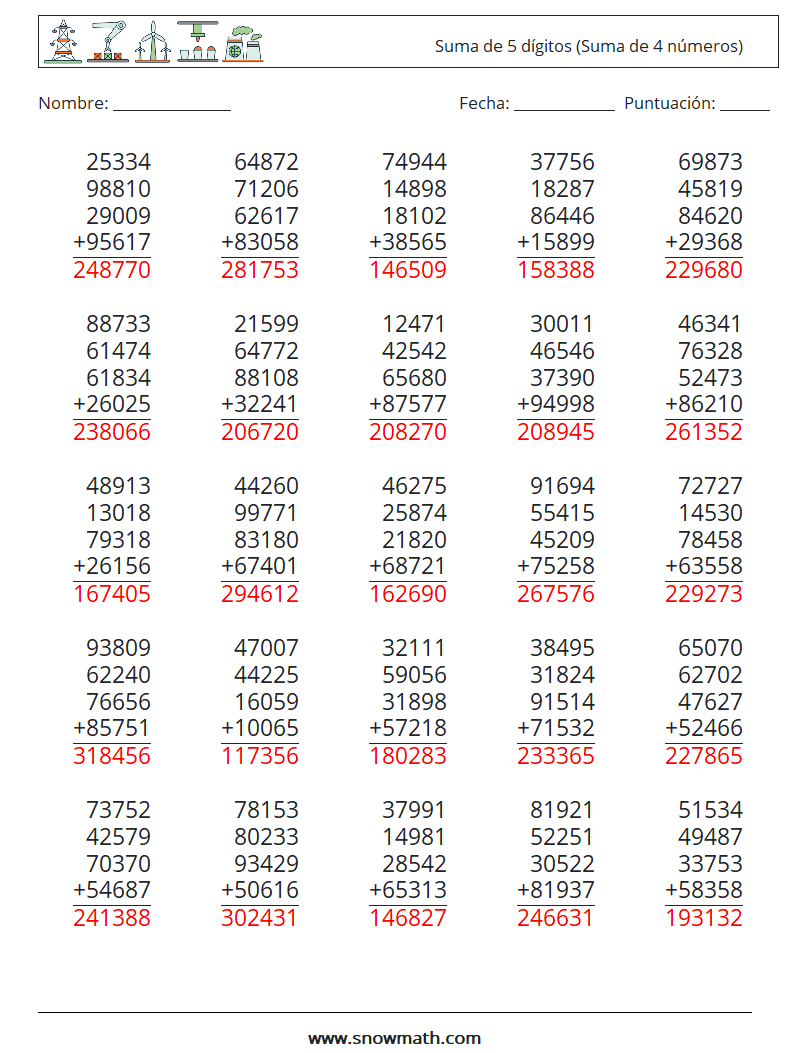 (25) Suma de 5 dígitos (Suma de 4 números) Hojas de trabajo de matemáticas 7 Pregunta, respuesta