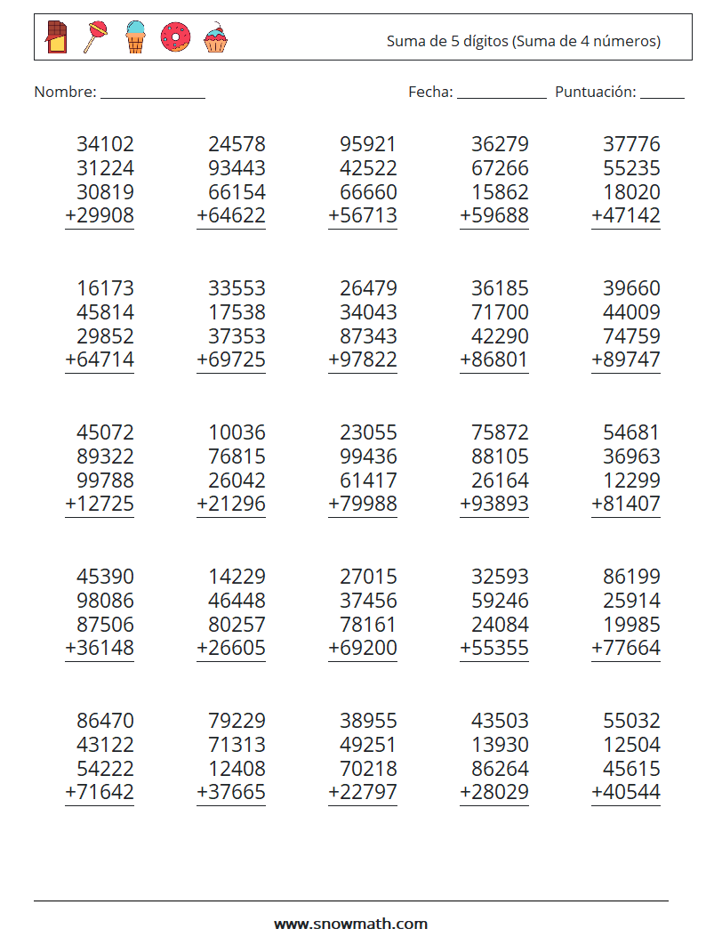 (25) Suma de 5 dígitos (Suma de 4 números) Hojas de trabajo de matemáticas 8