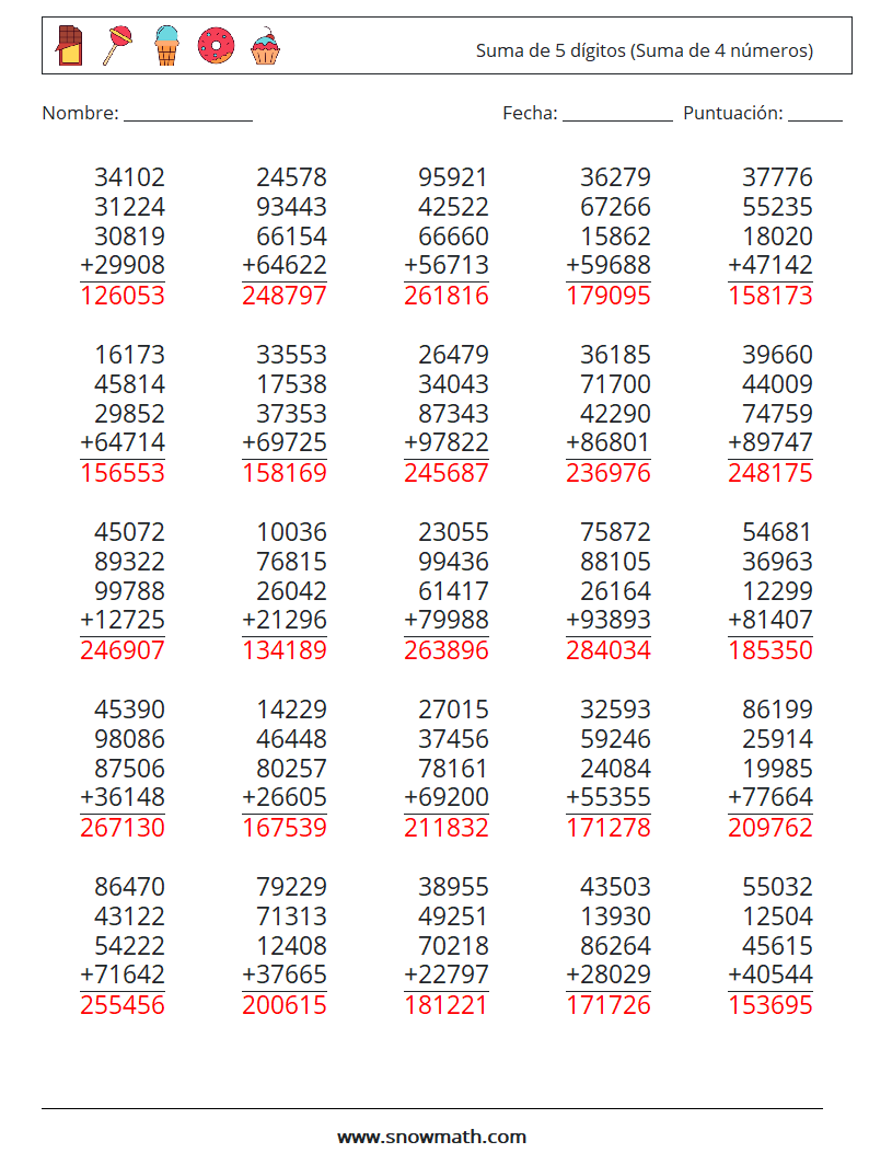 (25) Suma de 5 dígitos (Suma de 4 números) Hojas de trabajo de matemáticas 8 Pregunta, respuesta