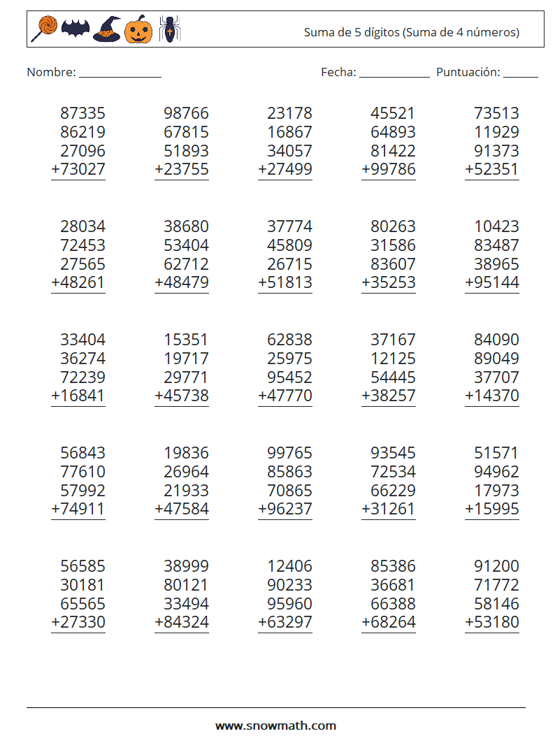 (25) Suma de 5 dígitos (Suma de 4 números) Hojas de trabajo de matemáticas 9