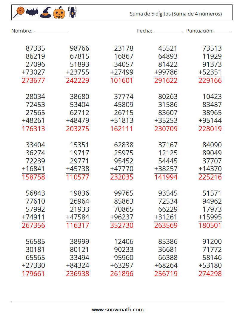 (25) Suma de 5 dígitos (Suma de 4 números) Hojas de trabajo de matemáticas 9 Pregunta, respuesta