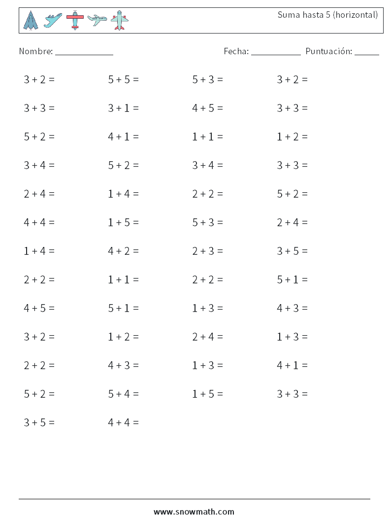 (50) Suma hasta 5 (horizontal) Hojas de trabajo de matemáticas 1