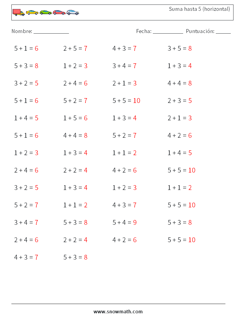 (50) Suma hasta 5 (horizontal) Hojas de trabajo de matemáticas 3 Pregunta, respuesta