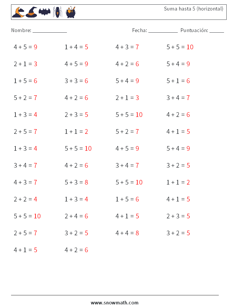 (50) Suma hasta 5 (horizontal) Hojas de trabajo de matemáticas 4 Pregunta, respuesta