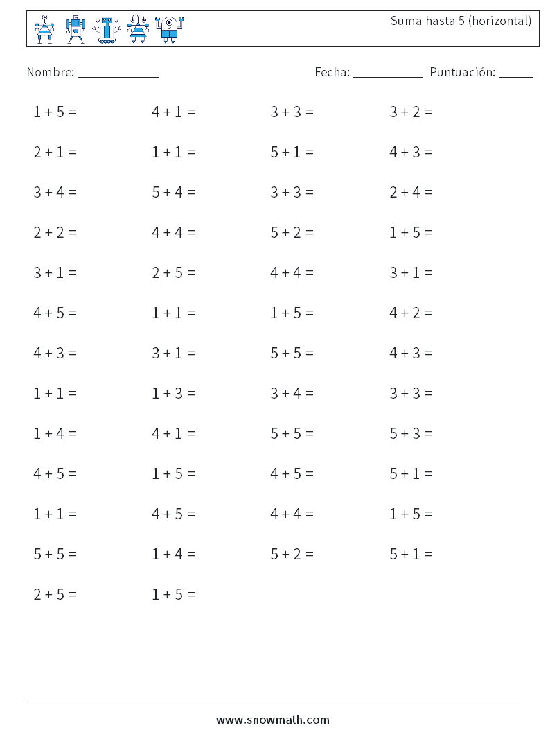 (50) Suma hasta 5 (horizontal) Hojas de trabajo de matemáticas 8