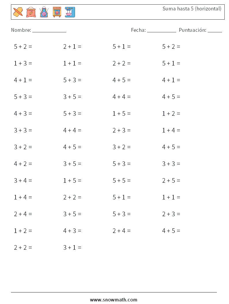 (50) Suma hasta 5 (horizontal) Hojas de trabajo de matemáticas 9
