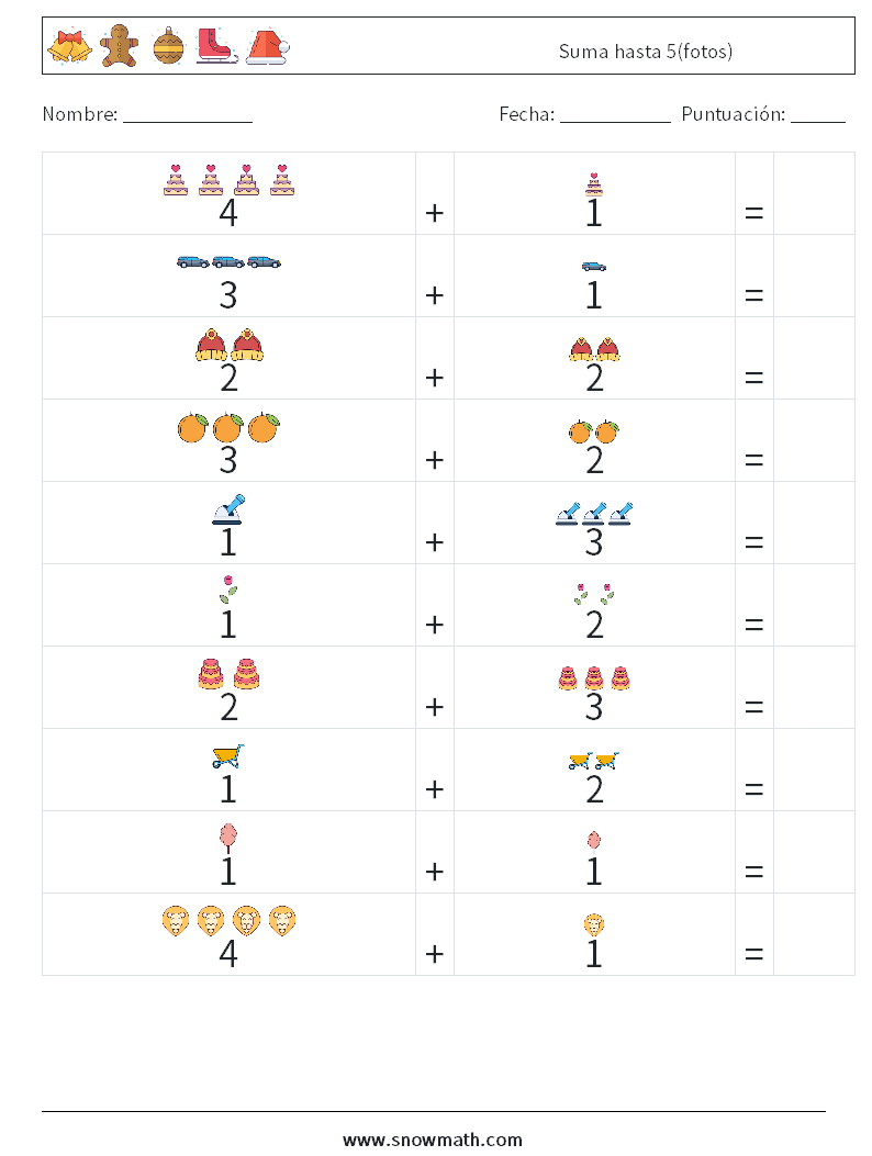 Suma hasta 5(fotos) Hojas de trabajo de matemáticas 1