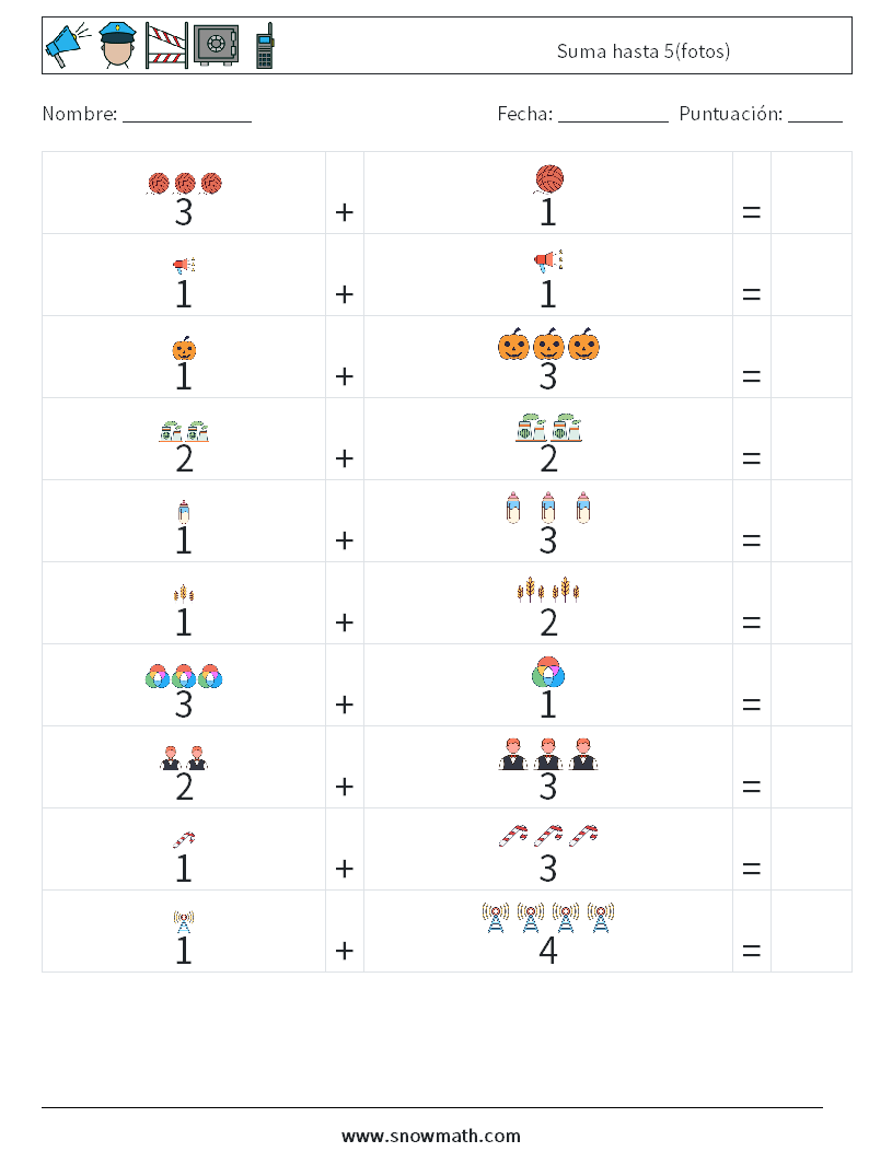 Suma hasta 5(fotos) Hojas de trabajo de matemáticas 10