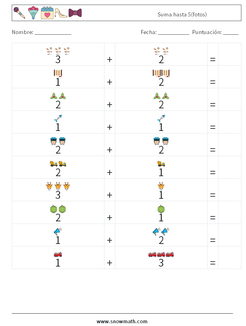 Suma hasta 5(fotos) Hojas de trabajo de matemáticas 11