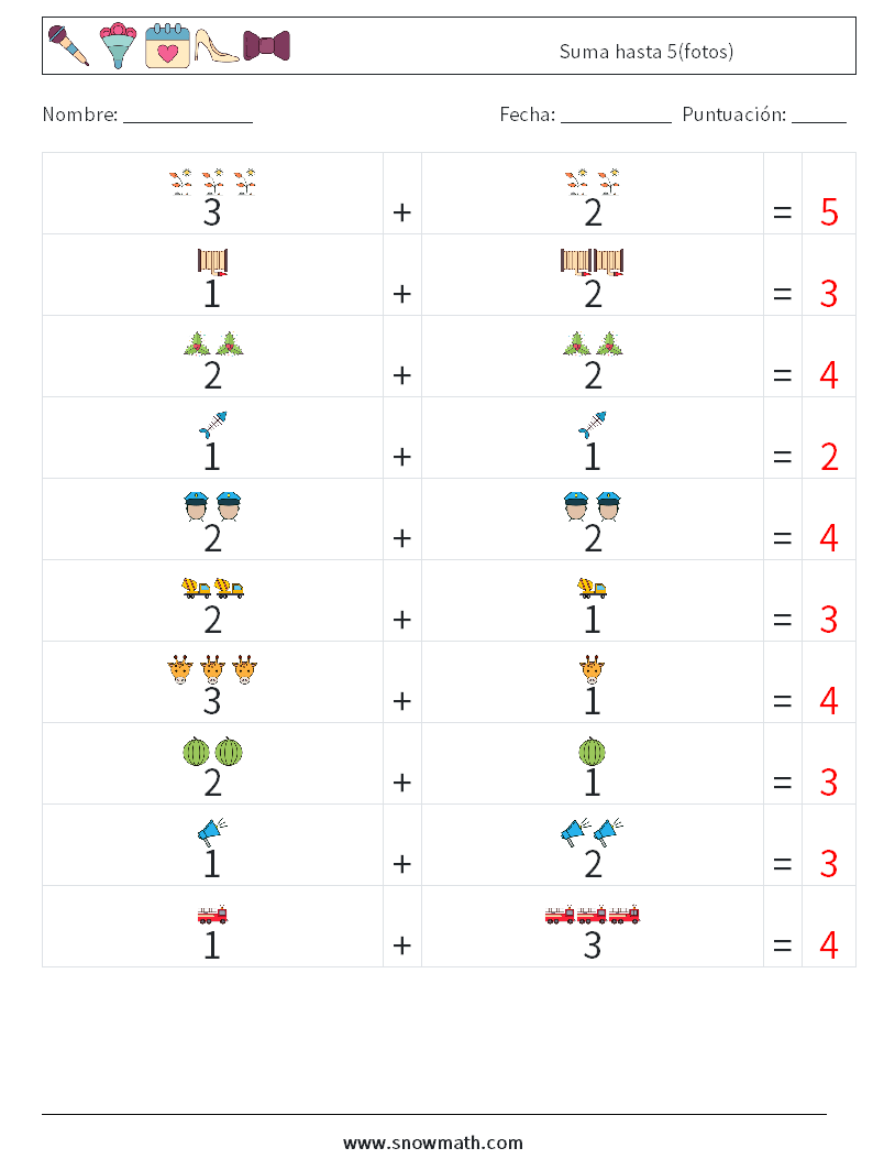 Suma hasta 5(fotos) Hojas de trabajo de matemáticas 11 Pregunta, respuesta