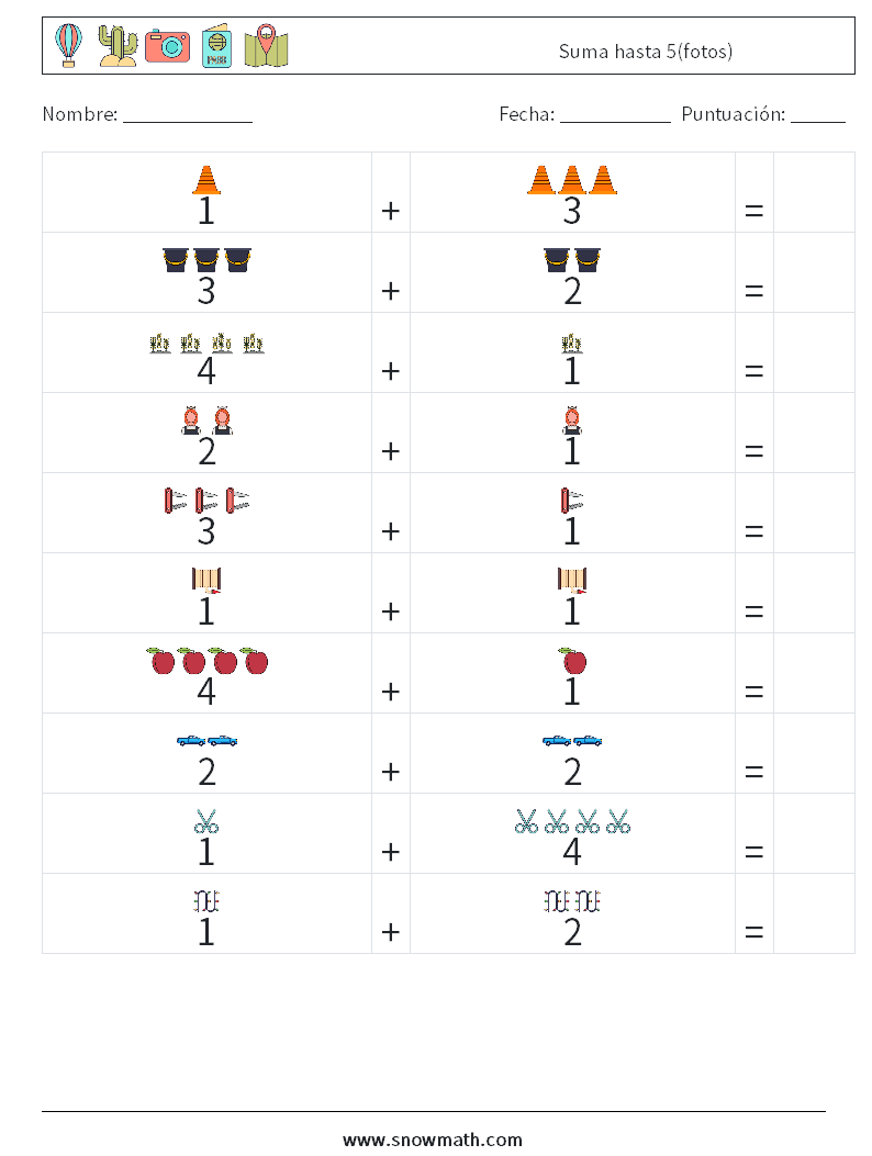 Suma hasta 5(fotos) Hojas de trabajo de matemáticas 12