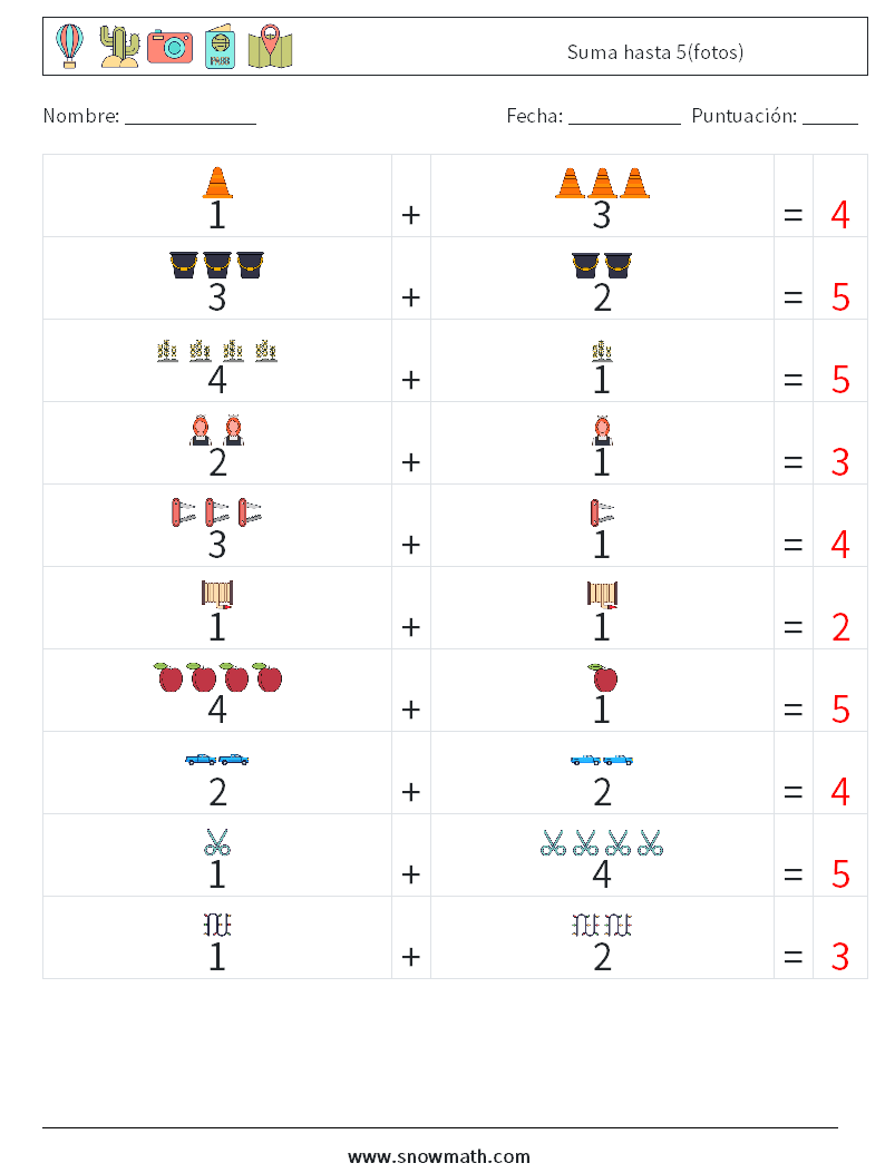 Suma hasta 5(fotos) Hojas de trabajo de matemáticas 12 Pregunta, respuesta