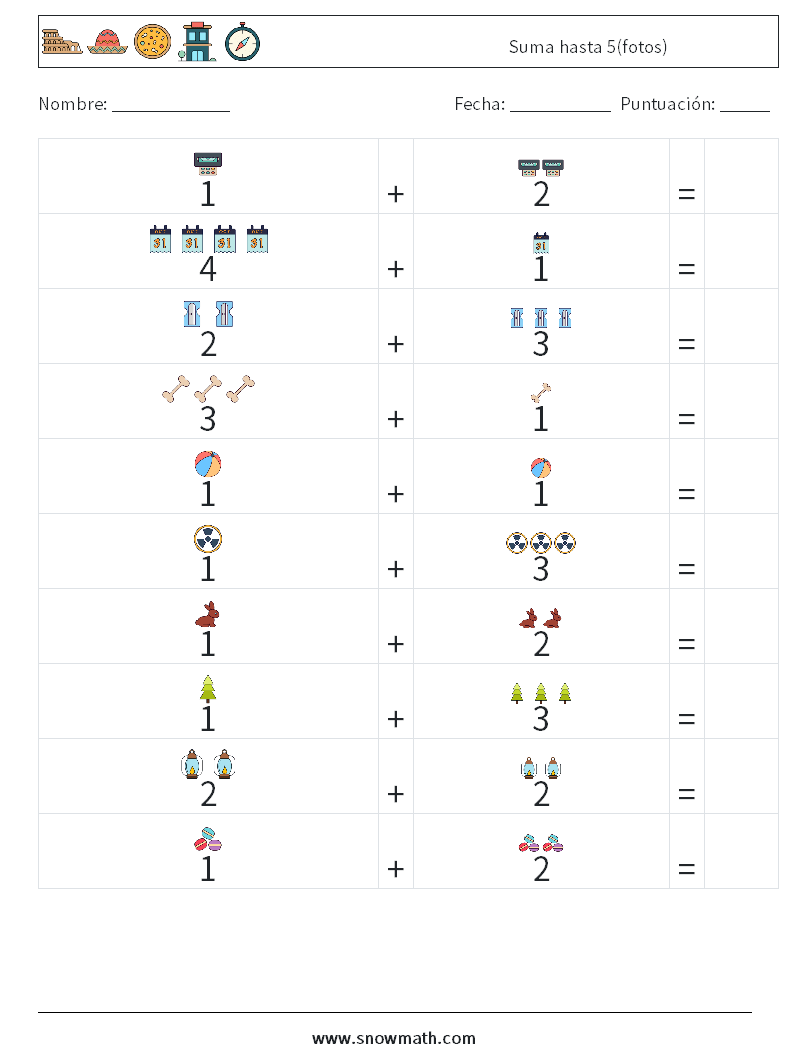 Suma hasta 5(fotos) Hojas de trabajo de matemáticas 13