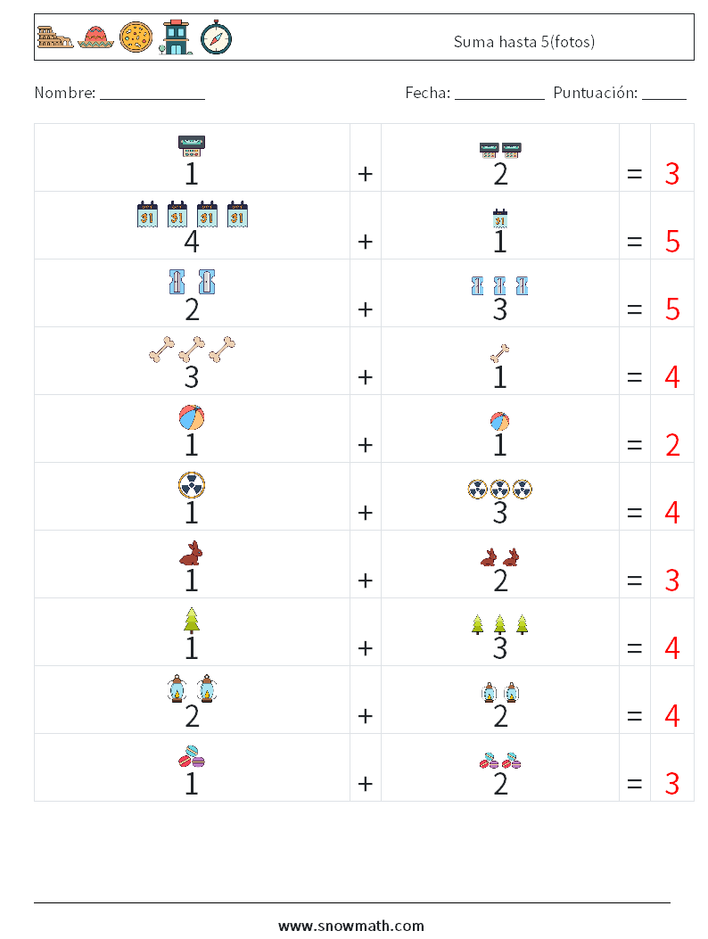 Suma hasta 5(fotos) Hojas de trabajo de matemáticas 13 Pregunta, respuesta