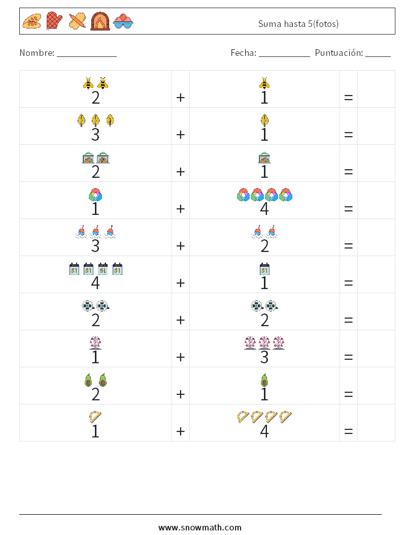 Suma hasta 5(fotos) Hojas de trabajo de matemáticas 14