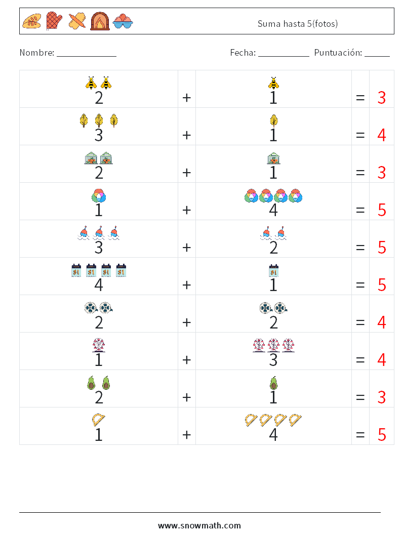 Suma hasta 5(fotos) Hojas de trabajo de matemáticas 14 Pregunta, respuesta