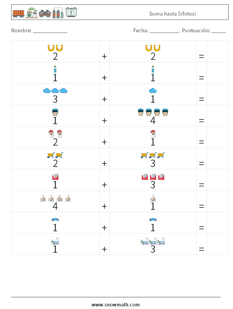 Suma hasta 5(fotos) Hojas de trabajo de matemáticas 15