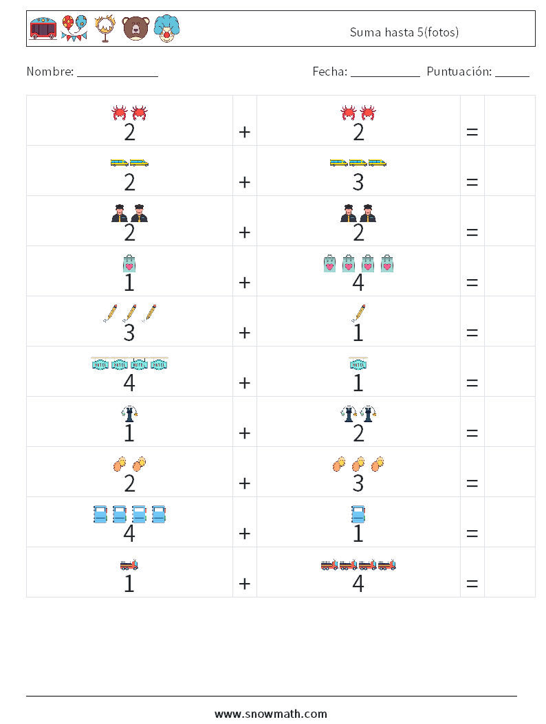 Suma hasta 5(fotos) Hojas de trabajo de matemáticas 16