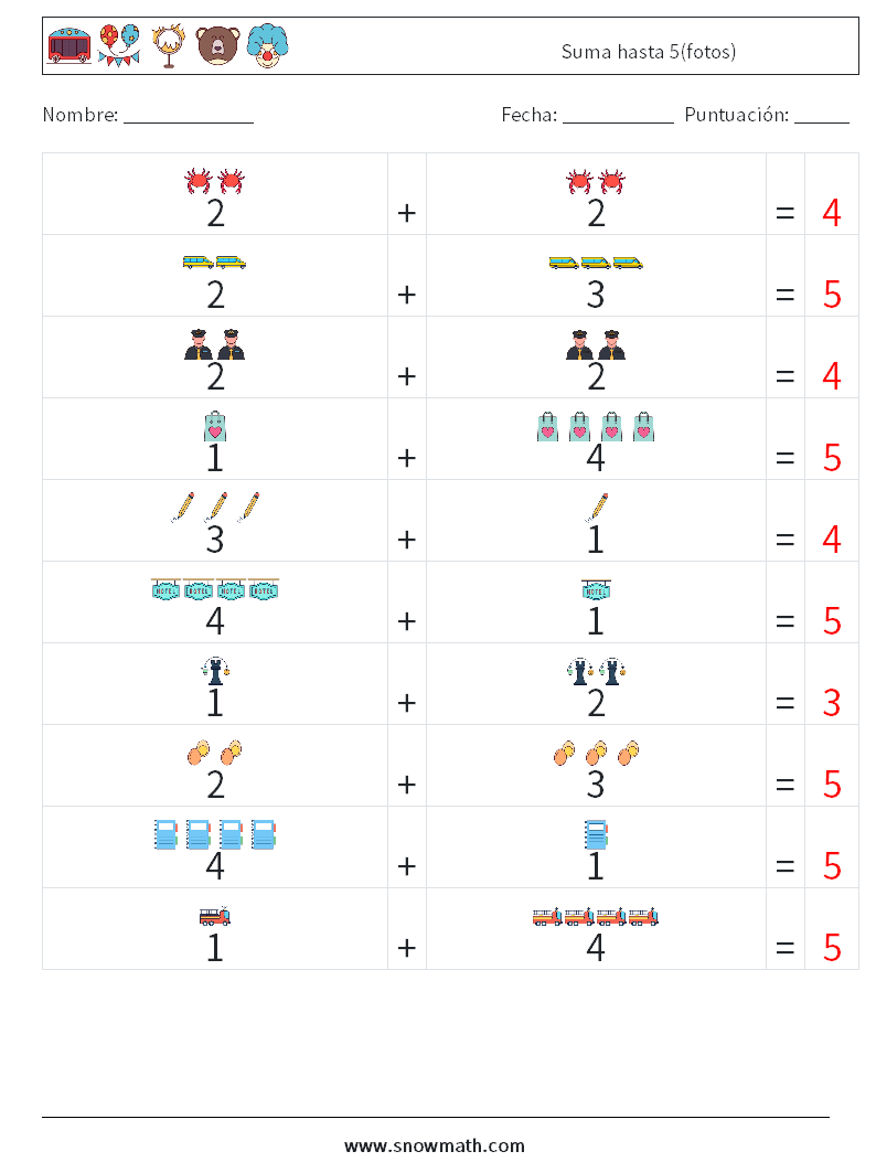 Suma hasta 5(fotos) Hojas de trabajo de matemáticas 16 Pregunta, respuesta