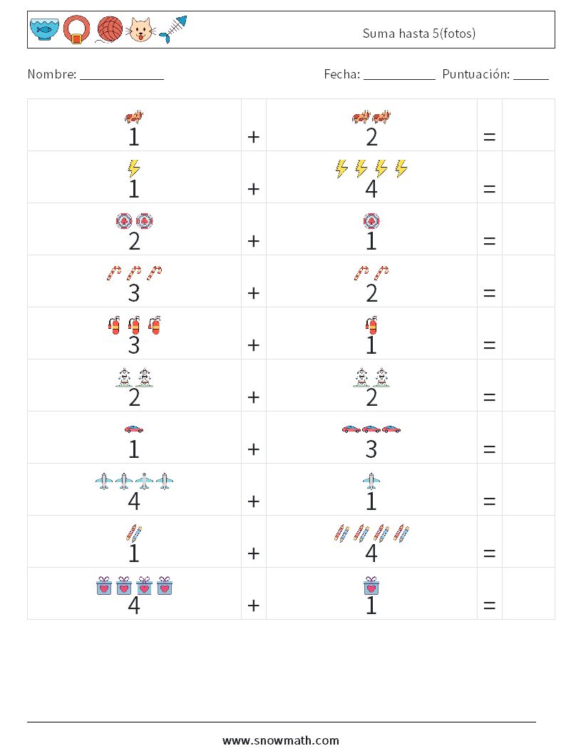 Suma hasta 5(fotos) Hojas de trabajo de matemáticas 17