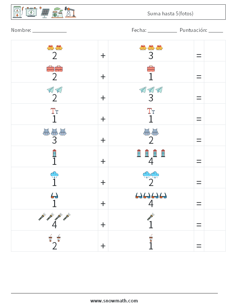 Suma hasta 5(fotos) Hojas de trabajo de matemáticas 18