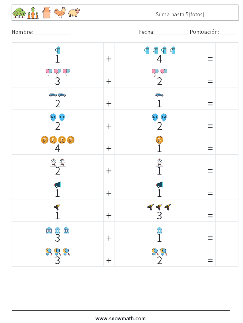 Suma hasta 5(fotos) Hojas de trabajo de matemáticas 2