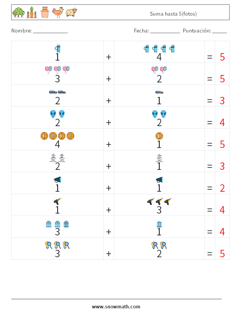 Suma hasta 5(fotos) Hojas de trabajo de matemáticas 2 Pregunta, respuesta