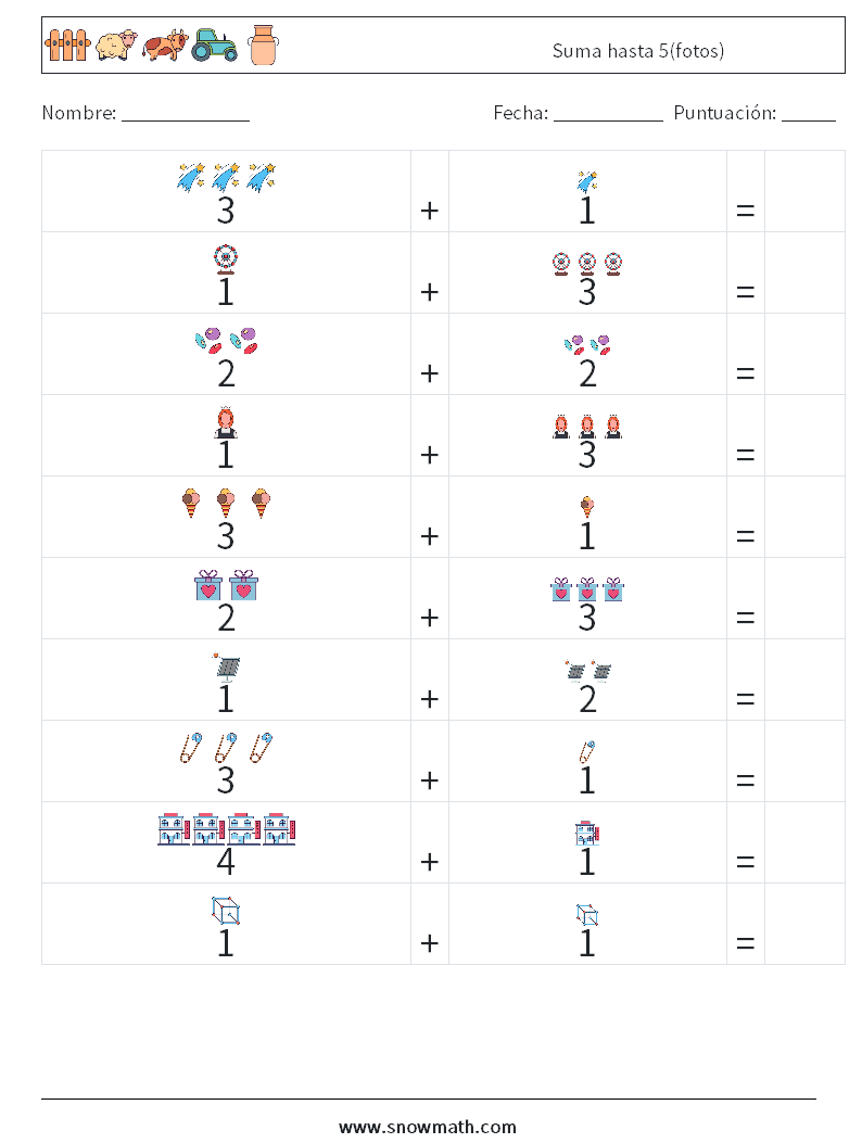 Suma hasta 5(fotos) Hojas de trabajo de matemáticas 3