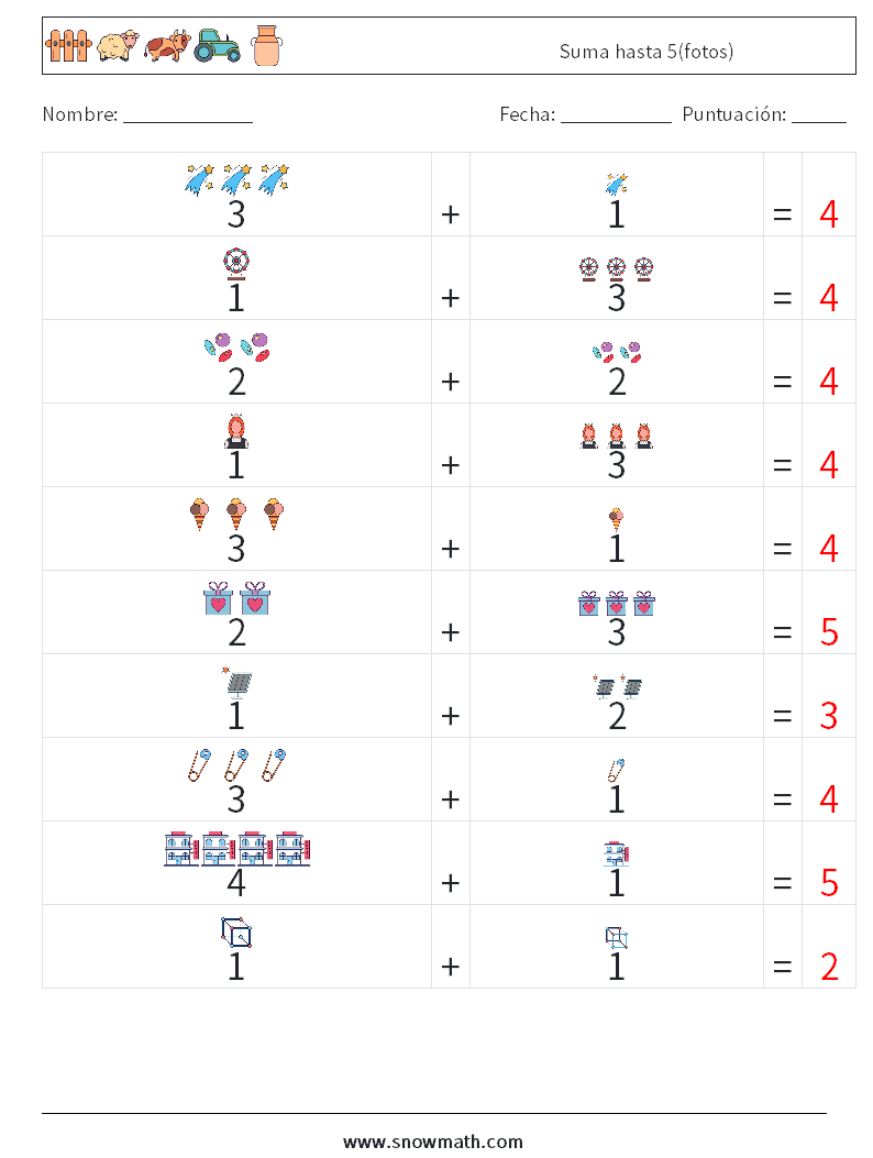 Suma hasta 5(fotos) Hojas de trabajo de matemáticas 3 Pregunta, respuesta