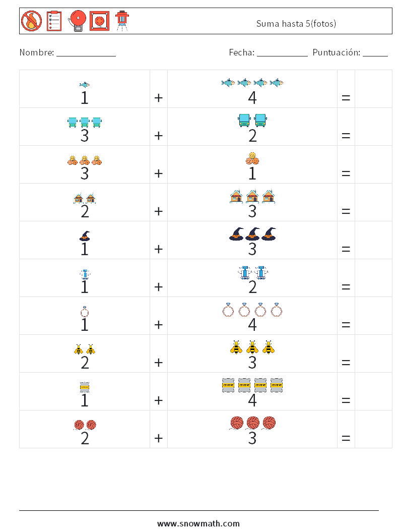 Suma hasta 5(fotos) Hojas de trabajo de matemáticas 4
