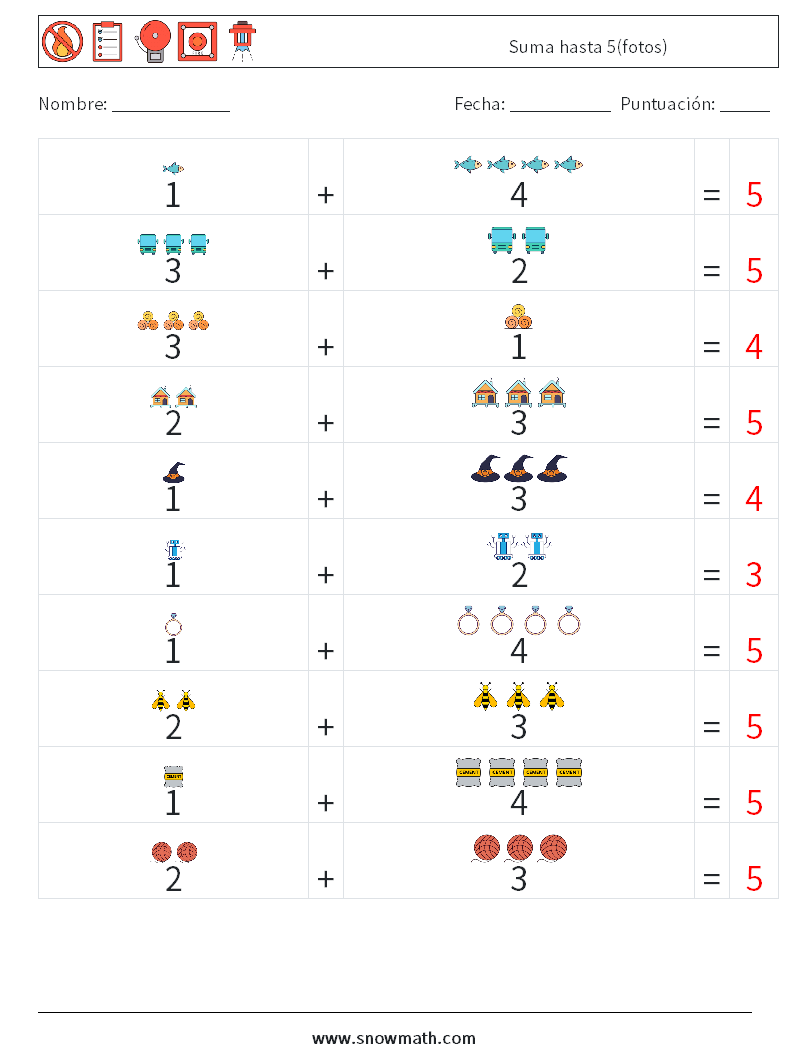 Suma hasta 5(fotos) Hojas de trabajo de matemáticas 4 Pregunta, respuesta