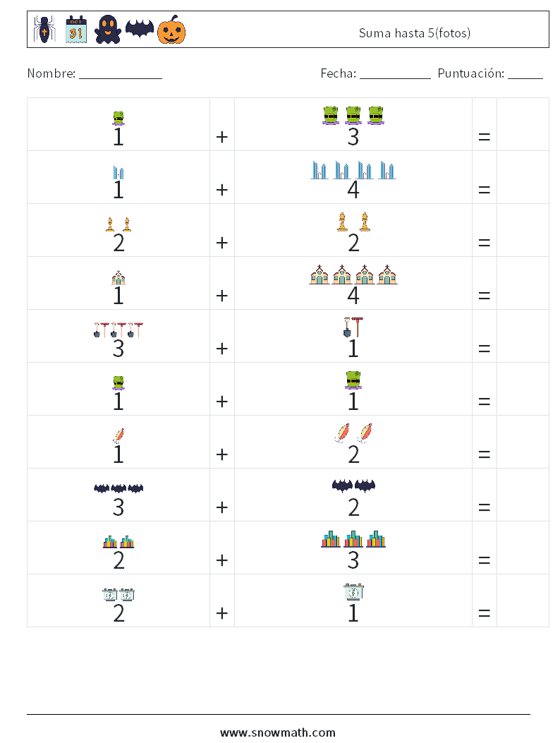 Suma hasta 5(fotos) Hojas de trabajo de matemáticas 5