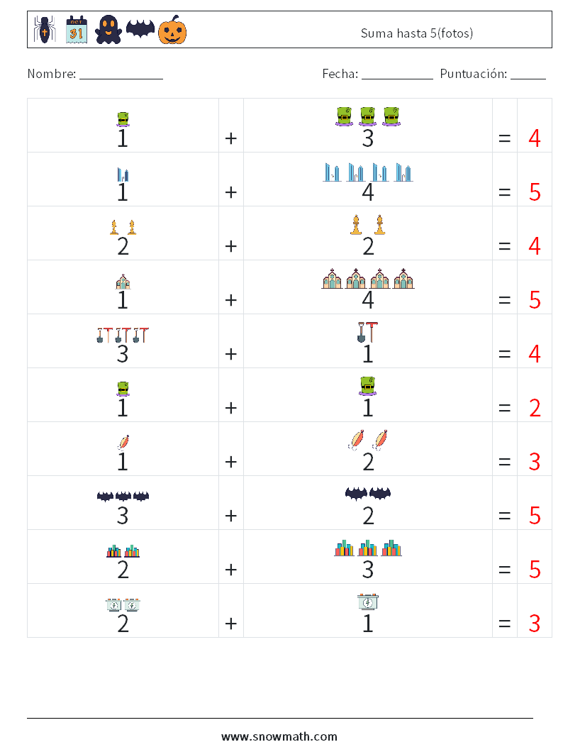 Suma hasta 5(fotos) Hojas de trabajo de matemáticas 5 Pregunta, respuesta