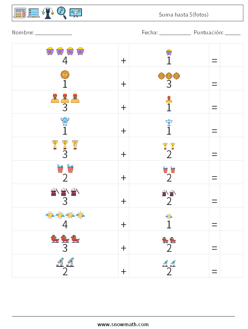 Suma hasta 5(fotos) Hojas de trabajo de matemáticas 6