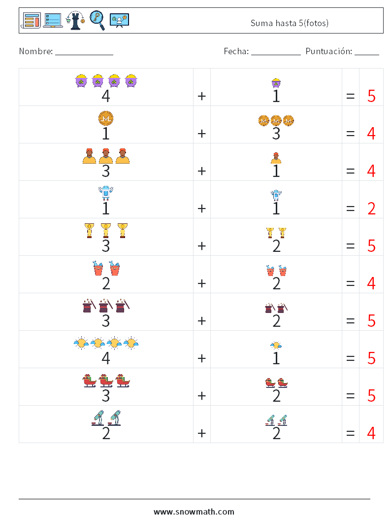 Suma hasta 5(fotos) Hojas de trabajo de matemáticas 6 Pregunta, respuesta