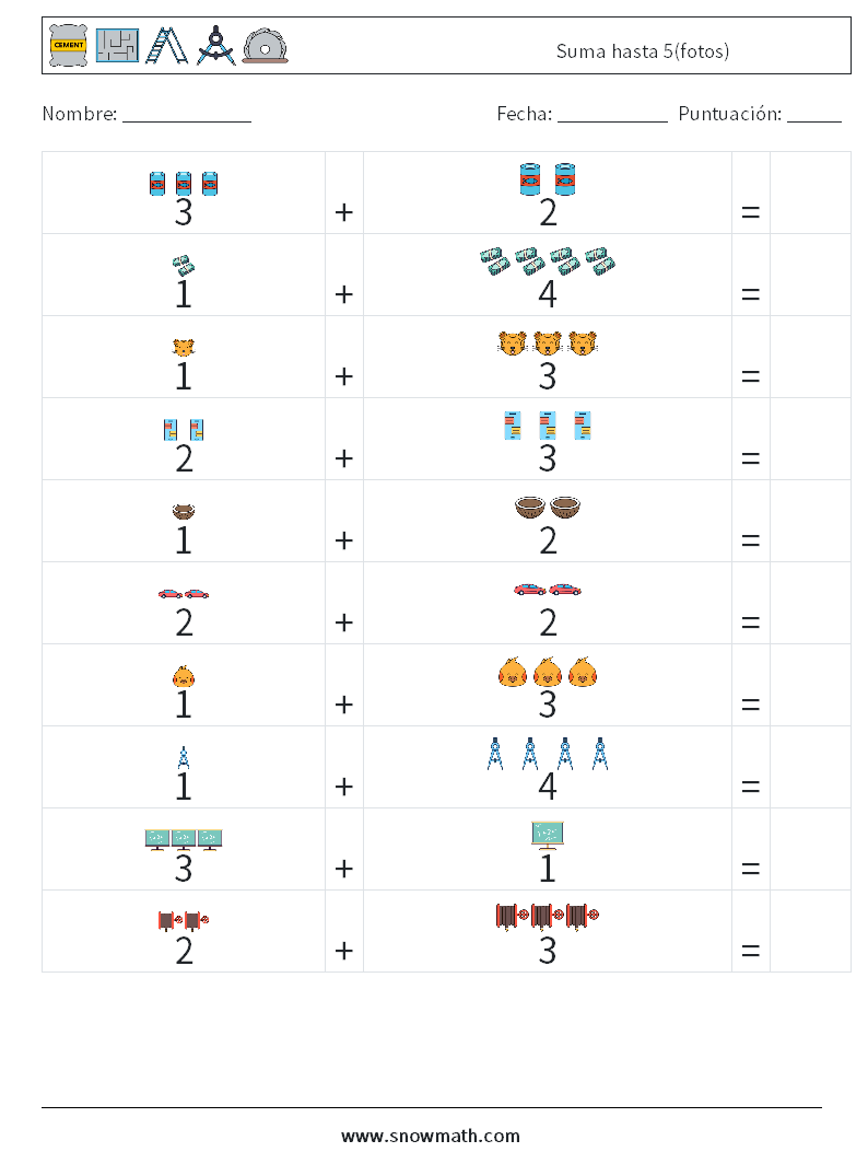 Suma hasta 5(fotos) Hojas de trabajo de matemáticas 7