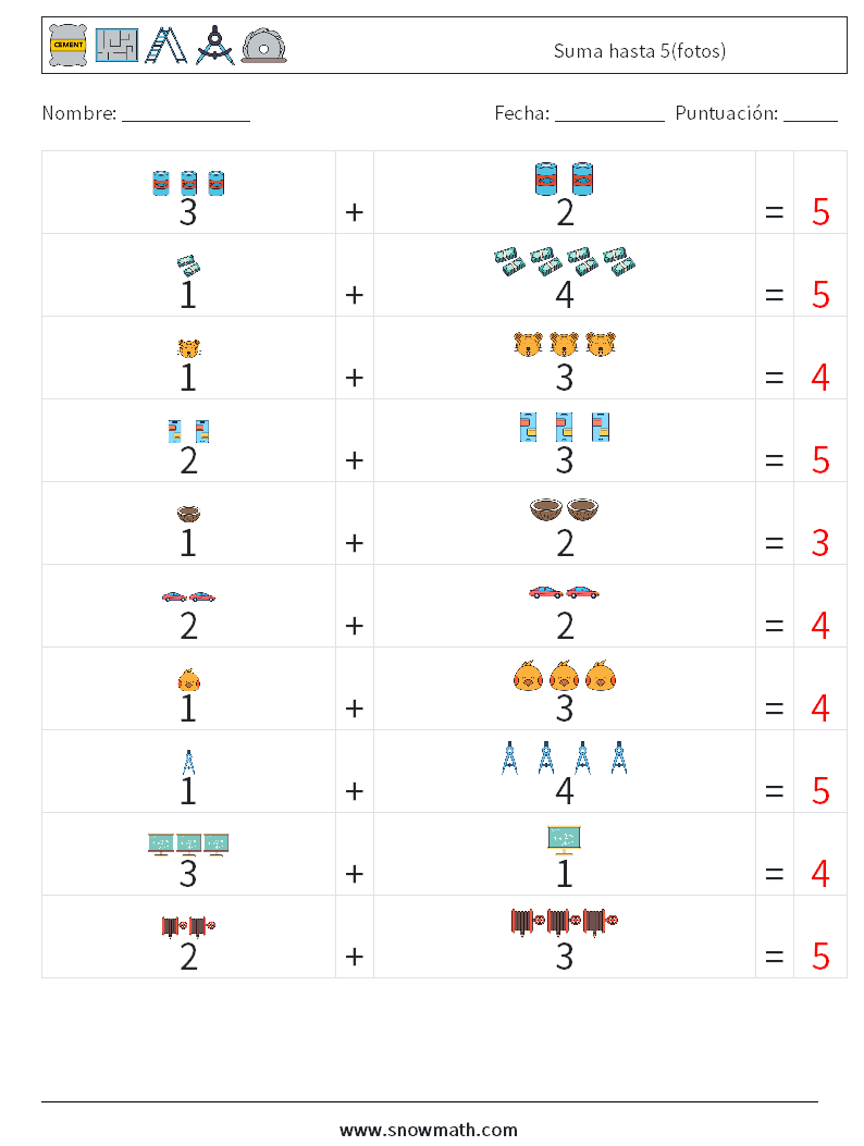 Suma hasta 5(fotos) Hojas de trabajo de matemáticas 7 Pregunta, respuesta