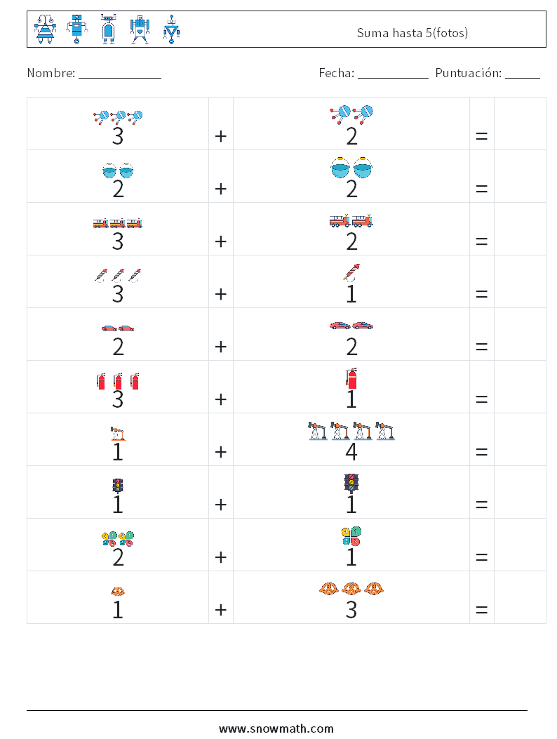 Suma hasta 5(fotos) Hojas de trabajo de matemáticas 8