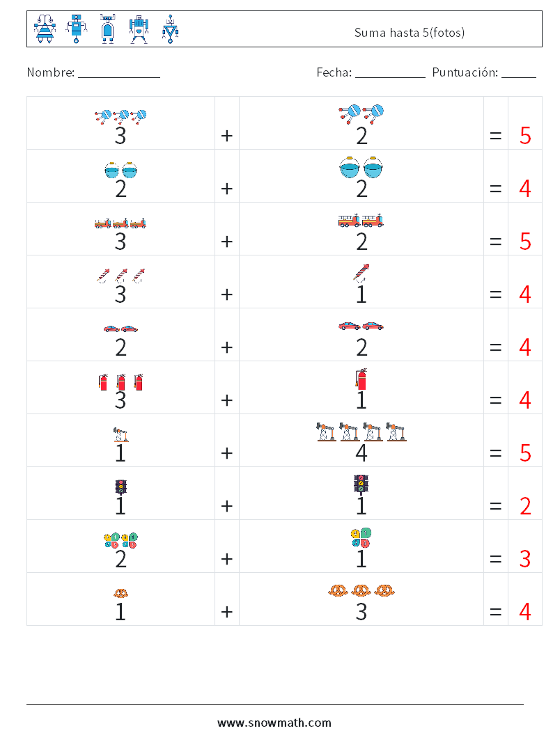 Suma hasta 5(fotos) Hojas de trabajo de matemáticas 8 Pregunta, respuesta