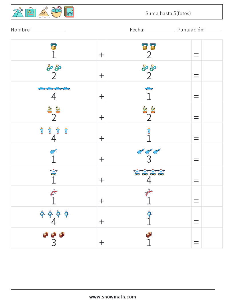 Suma hasta 5(fotos) Hojas de trabajo de matemáticas 9