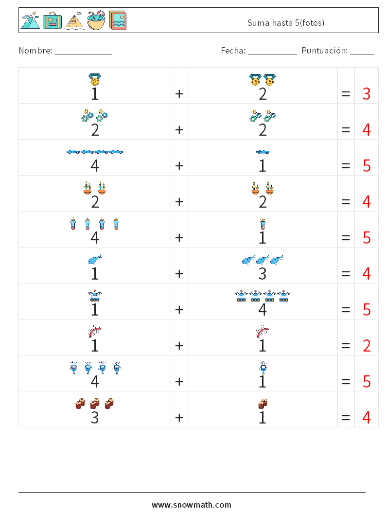 Suma hasta 5(fotos) Hojas de trabajo de matemáticas 9 Pregunta, respuesta