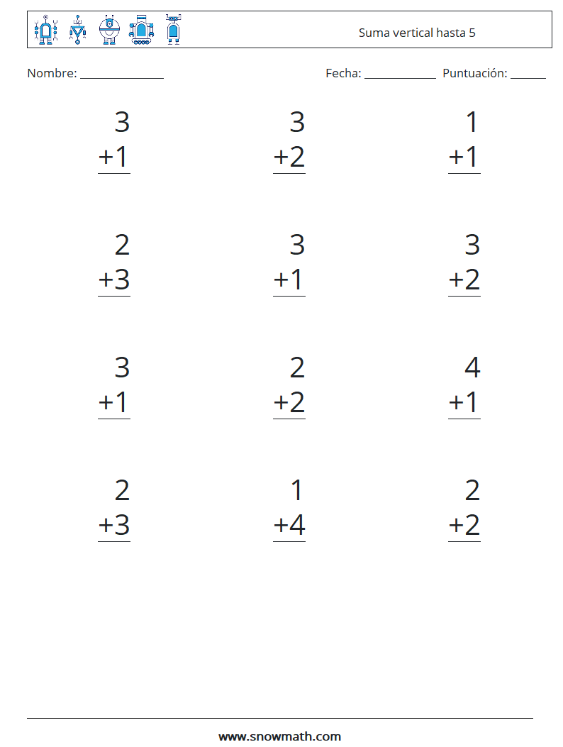 (12) Suma vertical hasta 5 Hojas de trabajo de matemáticas 1