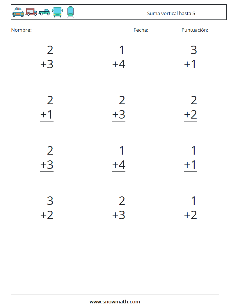 (12) Suma vertical hasta 5 Hojas de trabajo de matemáticas 4