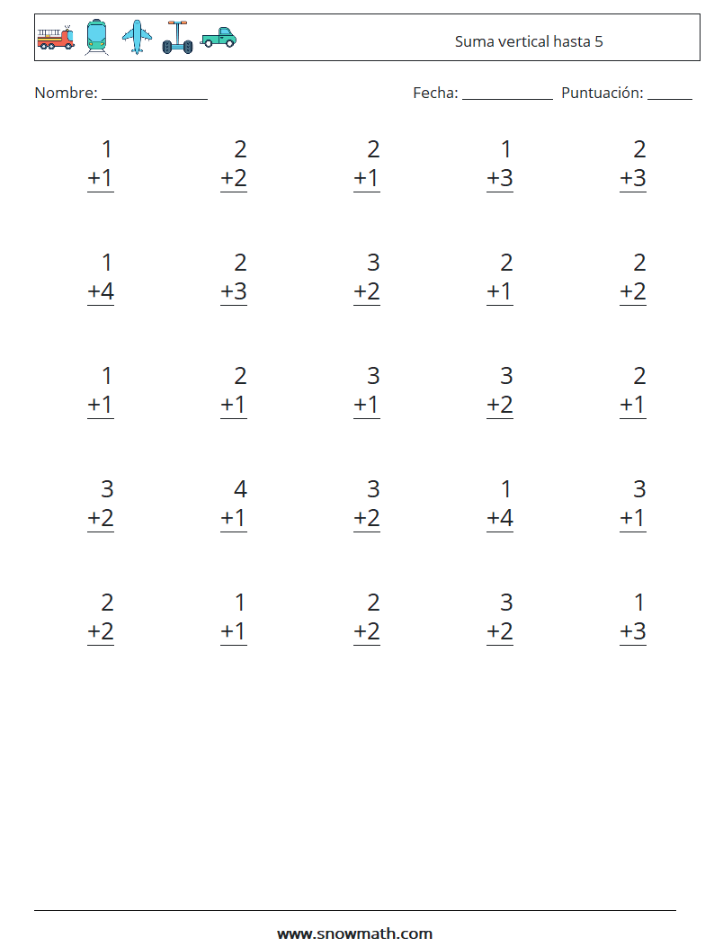 (25) Suma vertical hasta 5 Hojas de trabajo de matemáticas 1