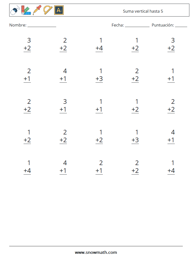 (25) Suma vertical hasta 5 Hojas de trabajo de matemáticas 3