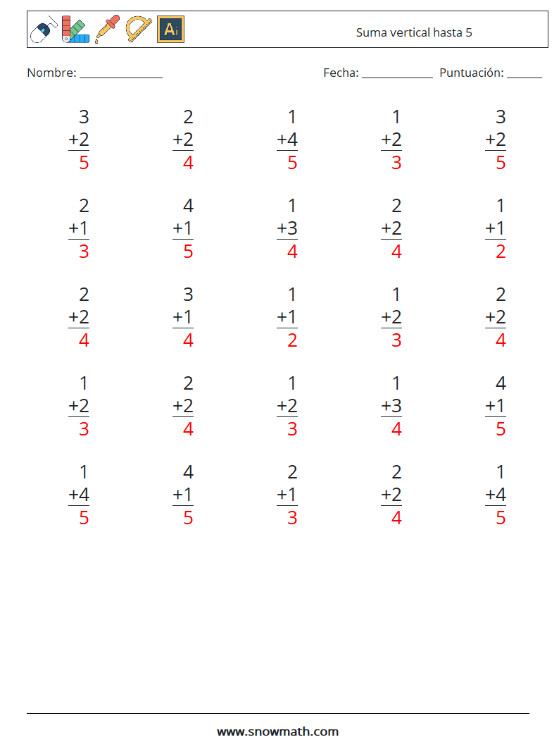 (25) Suma vertical hasta 5 Hojas de trabajo de matemáticas 3 Pregunta, respuesta