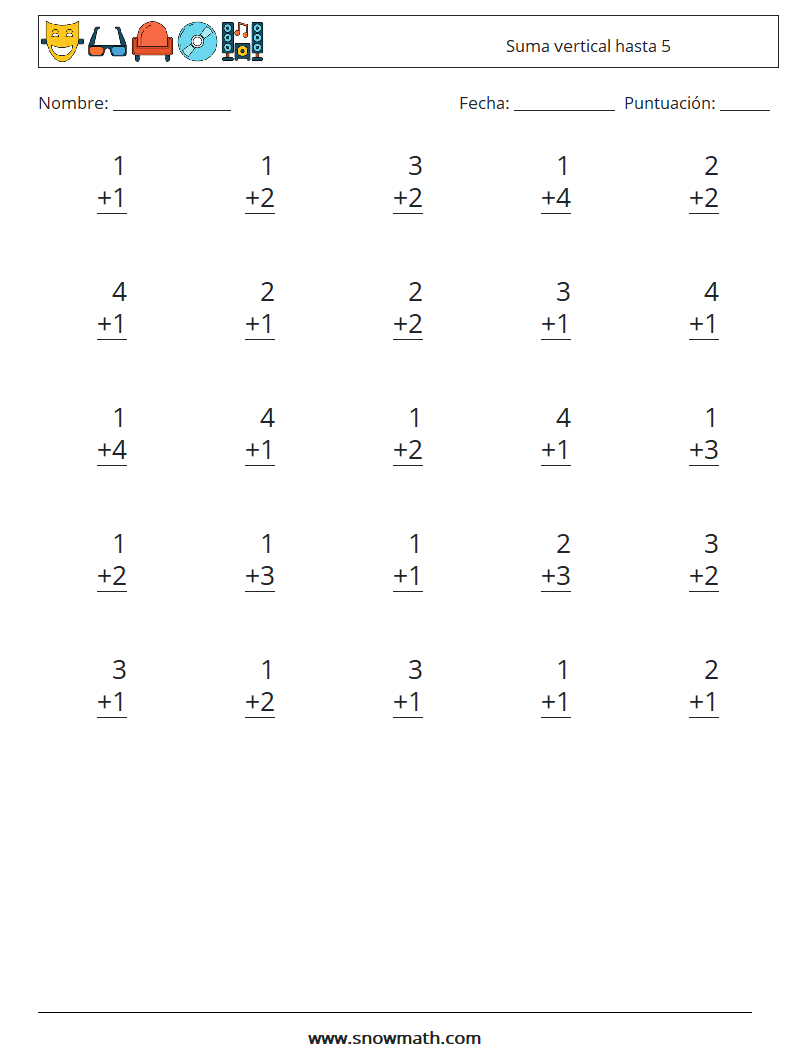 (25) Suma vertical hasta 5 Hojas de trabajo de matemáticas 4