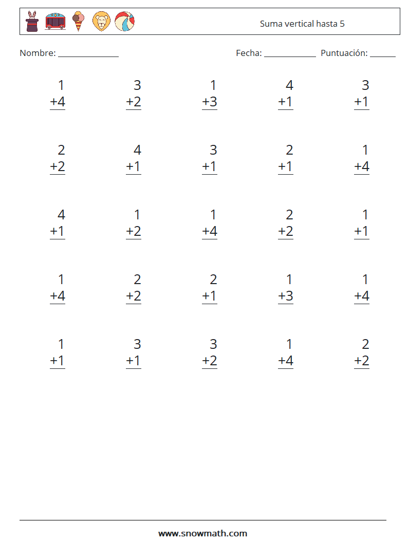 (25) Suma vertical hasta 5 Hojas de trabajo de matemáticas 5