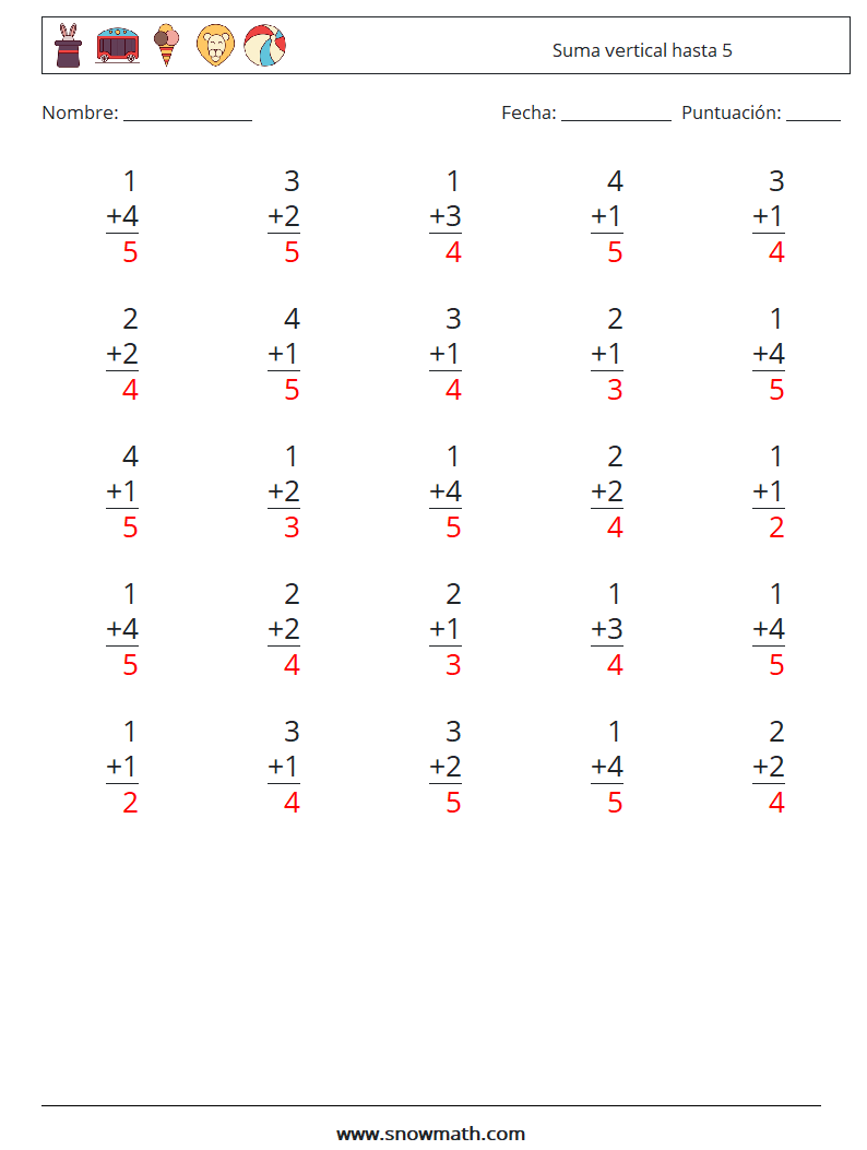 (25) Suma vertical hasta 5 Hojas de trabajo de matemáticas 5 Pregunta, respuesta